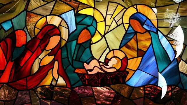 Colorful stained glass nativity scene depicting birth of Jesus Christ with vibrant hues intricate geometric patterns, religious Christmas animation