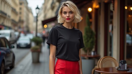 Girl Wearing Black Blank T-Shirt Mockup