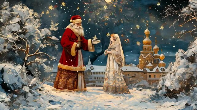 Russian Father Frost and Snow Maiden, Ded Moroz and his granddaughter Snegurochka in snowy winter wonderland Christmas landscape, oil painting animation