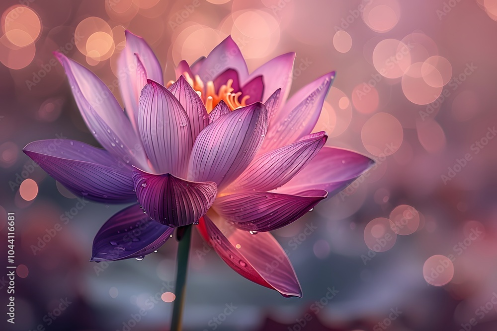 Poster captivating lotus blossom with dew drops and soft bokeh background