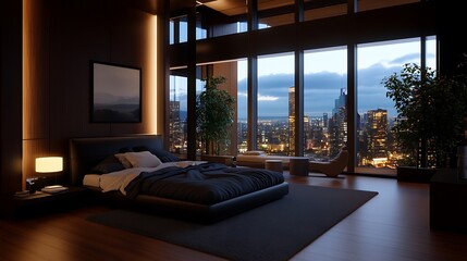 Fototapeta premium Modern bedroom with large windows overlooking a city skyline at night.