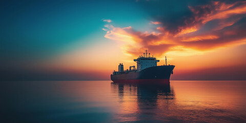 Fototapeta premium A large ship cruises smoothly across a tranquil sea, set against a stunning, colorful sunset sky.