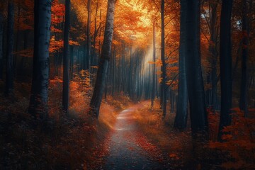 Obraz premium Glowing autumn forest with a picturesque trail