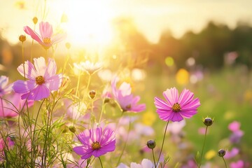 Vibrant pink cosmos flowers bathed in sunlight, symbolizing beauty and tranquility in a serene natural setting.