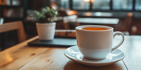 Fototapeta premium A warm, inviting coffee cup set on a wooden table in a tranquil café, exuding warmth and relaxation.