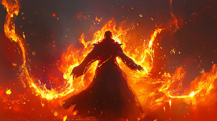 Obraz premium Lava sorcerer with molten spells and fiery aura, lava magic, elemental heat. Lava Kingdom. Illustration