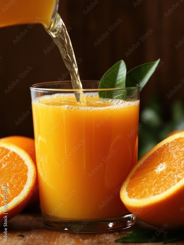 Poster freshly squeezed orange juice is poured into a clear glass, accompanied by whole oranges and green l