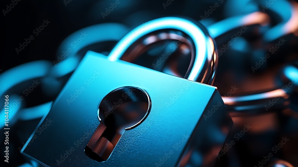 Poster close-up of a shiny silver padlock with a chain.