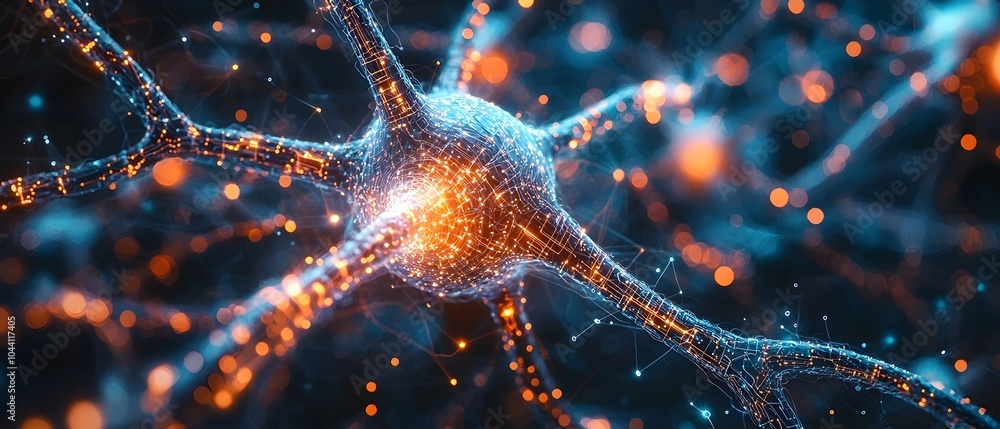 Poster a stunning close-up of a neuron, showcasing interconnected synapses with glowing orange and blue par
