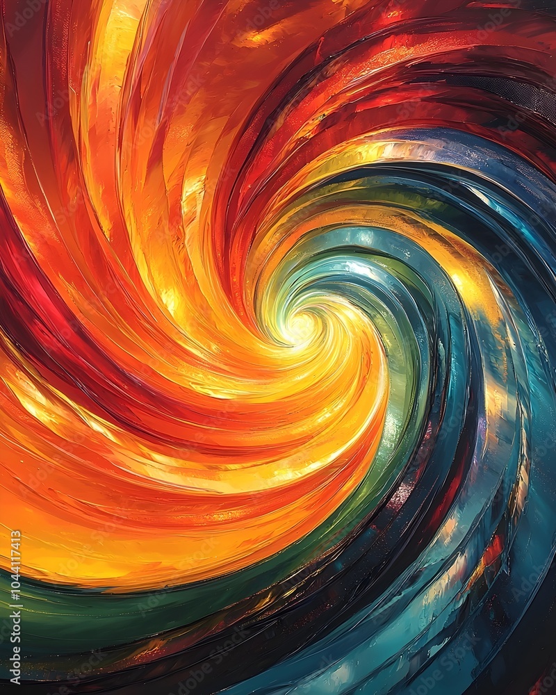 Poster An abstract swirl of vibrant colors creating a dynamic and energetic visual effect, blending warm oranges and reds with cool blues and greens.