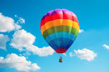 Naklejka premium Vibrant Rainbow Hot Air Balloon Soaring Against a Clear Blue Sky