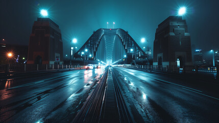 Fototapeta premium A bridge is lit up at night with cars driving on it