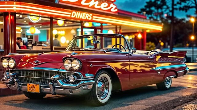 Classic red convertible parked in front of a retro diner at dusk, neon lights illuminating the scene for a nostalgic 1950s vibe. Generated by AI