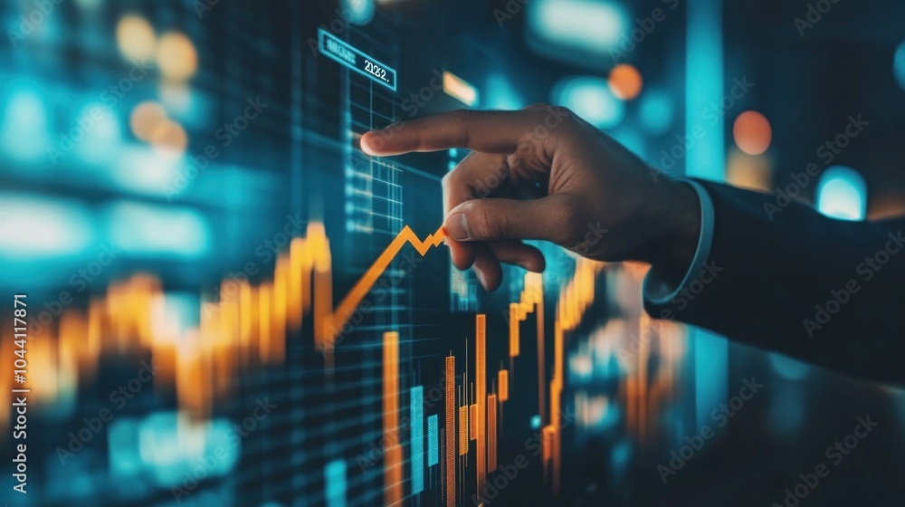 Poster a hand pointing at a digital stock market graph with fluctuating data trends.