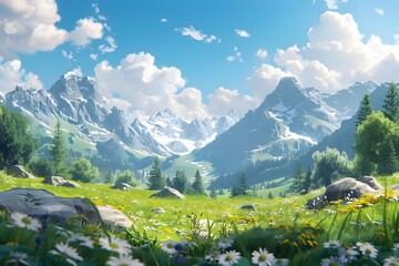 Fototapeta premium Serene Mountain Landscape with Lush Greenery and Vibrant Wildflowers