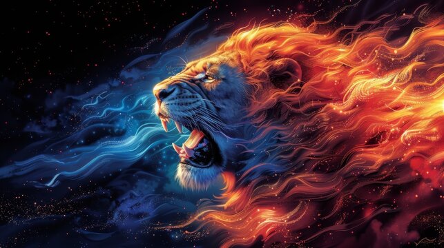 A magnificent lion roars fearlessly embodying the masculine traits of boldness and assertion.