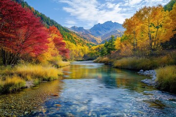Autumn idyll in a valley with reflective river