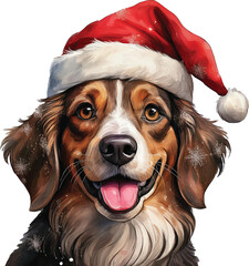 Christmas dog with Santa's hat, in watercolor christmas dog delight, A dog's joy, santa claus, holiday dog, cute dog wear a christmas costume in flat vector style Illustration