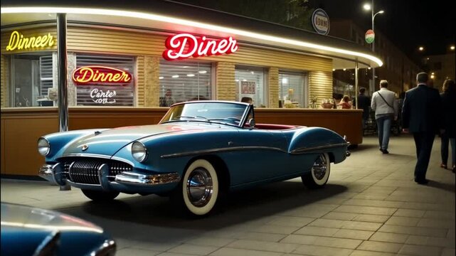 Blue vintage convertible parked outside a retro diner at night, illuminated by neon signs, creating a nostalgic 1950s ambiance. Generated by AI