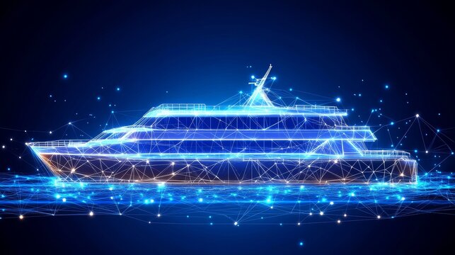 Futuristic Yacht Connected By Lines And Dots, Pleasure Boat On Blue Backdrop, Luxury Travel Concept.