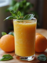 A tall glass of orange juice topped with fresh basil, accompanied by whole oranges, captures a vibrant and refreshing moment. Generative AI