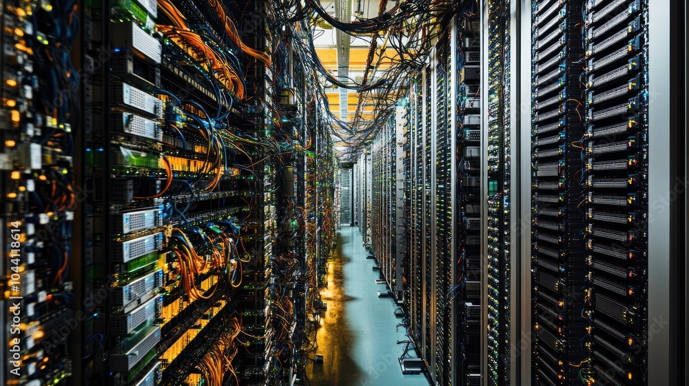 Poster a corridor of server racks filled with cables and equipment in a data center.