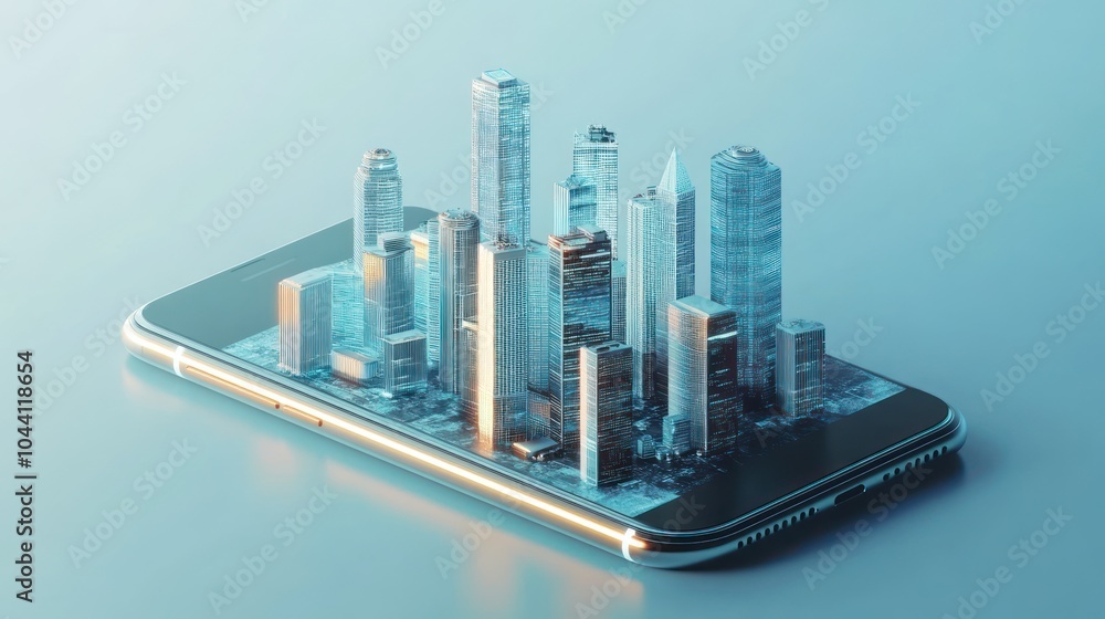 Poster a smartphone displaying a 3d cityscape, merging technology with urban architecture.