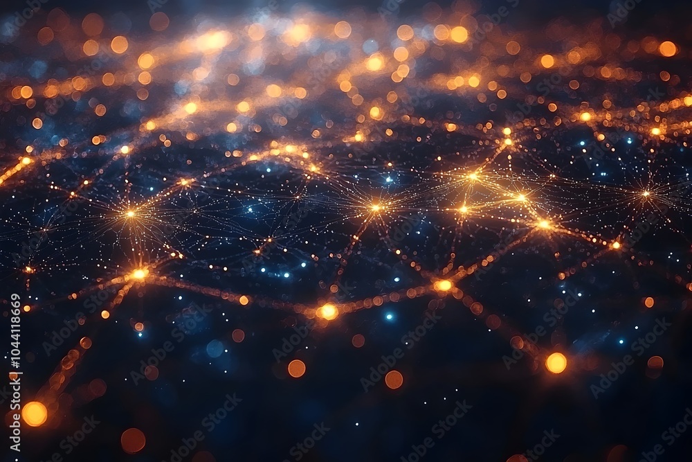 Poster a mesmerizing abstract depiction of a network, showcasing interconnected glowing nodes in vibrant or