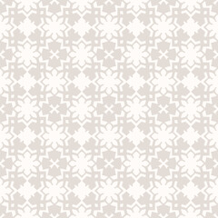 Vector seamless pattern in ethnic style. Simple elegant abstract light beige and white geometric ornament texture with flower silhouettes, crosses, stars, repeat tiles. Subtle background. Geo design