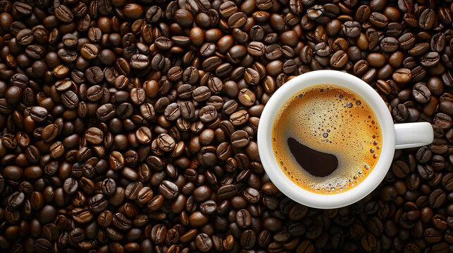 A white coffee cup with a brown liquid in it sits on top of a pile of coffee bea