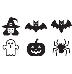  Set of Black and White Halloween Icons - Witch, Bat, Pumpkin, Ghost, and Spider