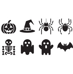 Set of Black and White Halloween Icons - Pumpkin, Witch's Hat, Spider, Skeleton, Ghost, and Bat