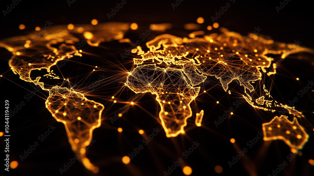 Poster ai network nodes illustrate global connections between continents with vibrant lines and illuminatio