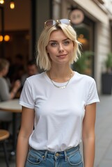 Girl Wearing White Blank T-Shirt Mockup