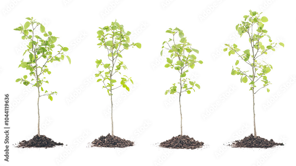 Poster small tree saplings growing in soil on a transparent background generative ai