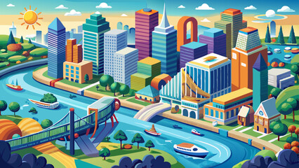 Boston  Aerial view of rivers, bridges, office buildings and harbor.