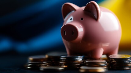 Pink piggy bank on a pile of coins.