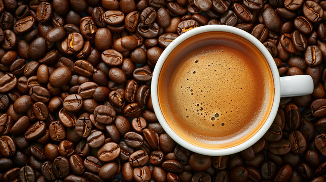 A white coffee cup with a brown liquid in it sits on top of a pile of coffee bea