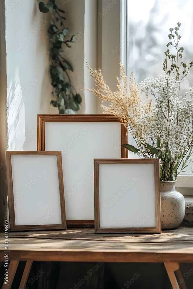 Poster a serene indoor setting featuring three empty wooden frames of varying sizes arranged on a table bes