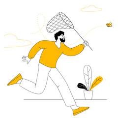 Men is running to catch butterfly with net.