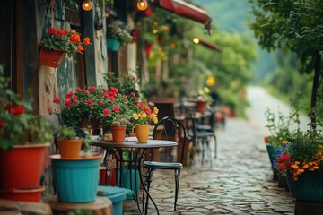 Fototapeta premium Cafe overlooking green fields and peaceful road