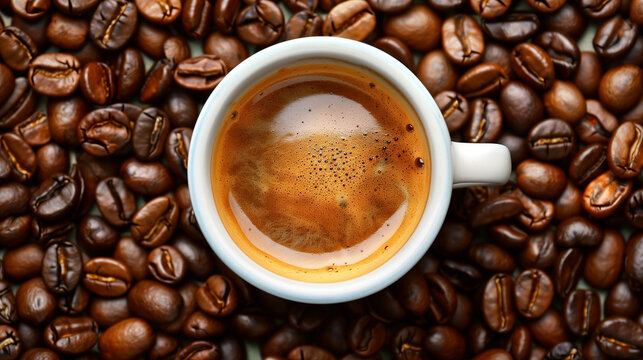 A white coffee cup with a brown liquid in it sits on top of a pile of coffee bea