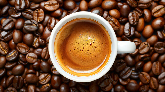A white coffee cup with a brown liquid in it sits on top of a pile of coffee bea