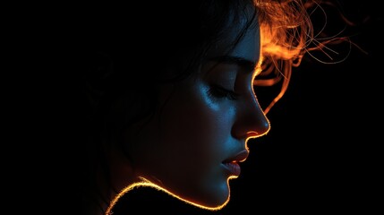 A silhouette of a woman emerges softly from darkness, her expression reflective against a backdrop of moody lighting.