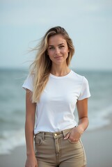 Girl Wearing White Blank T-Shirt Mockup