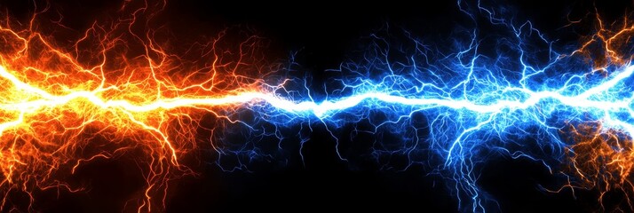 Fiery Red and Icy Blue Electrical Lightning Strikes Clash Background, Abstract Energy Concept.