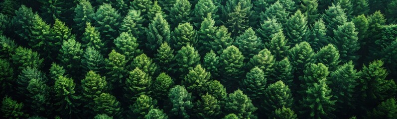 Fototapeta premium Aerial view of a forest of evergreen trees, nature background, banner, copy space
