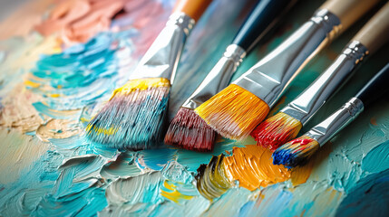 Fototapeta premium A set of artist brushes displays vibrant colors on a paint palette, showcasing creativity in the studio