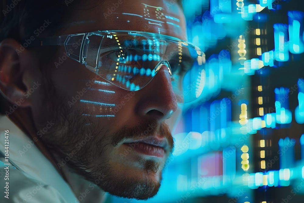 Poster futuristic scientist analyzing data in a high-tech environment