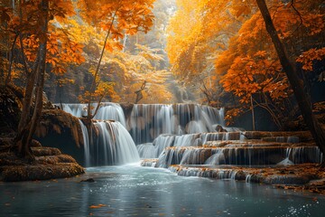 Serene Autumn Waterfall Surrounded by Vibrant Foliage